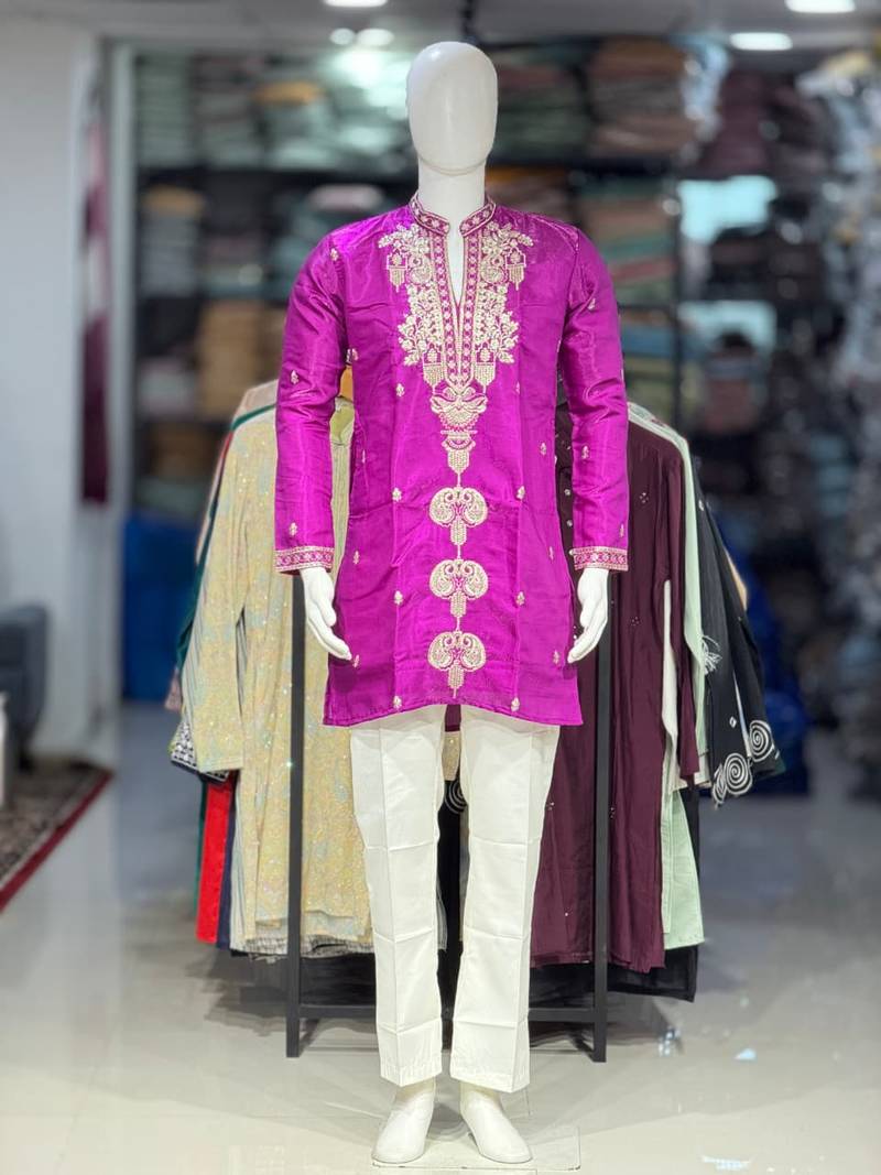 Purple embroidery work roman straight kurta