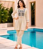 Beige color cotton fabric embroidered smart co-ord set