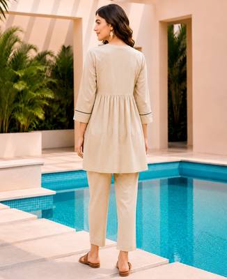 Beige color cotton fabric embroidered smart co-ord set 2