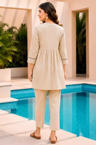 Beige color cotton fabric embroidered smart co-ord set