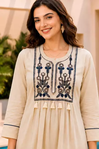 Beige color cotton fabric embroidered smart co-ord set