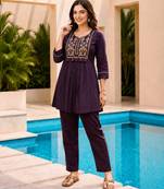 Violet color cotton fabric embroidered smart co-ord set