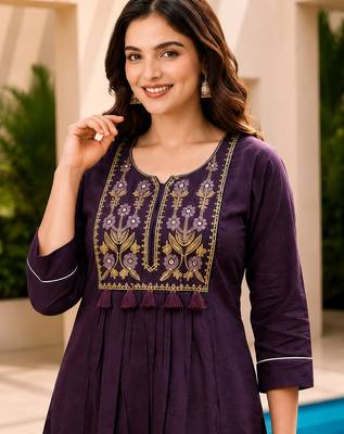 Violet color cotton fabric embroidered smart co-ord set 3