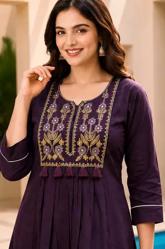 Violet color cotton fabric embroidered smart co-ord set