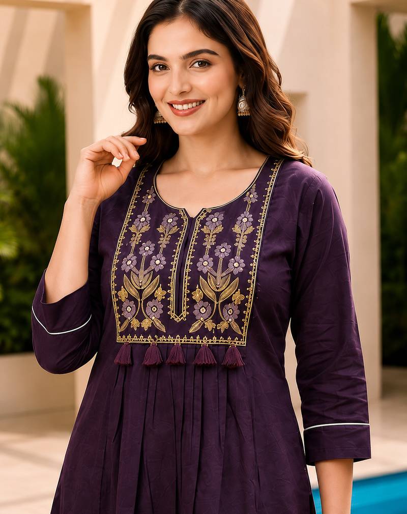 Violet color cotton fabric embroidered smart co-ord set