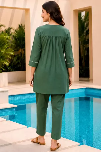 Teal green color cotton fabric embroidered smart co-ord set