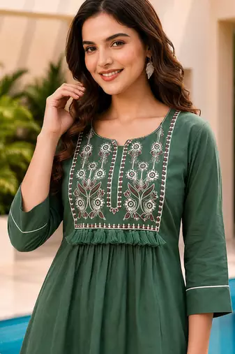 Teal green color cotton fabric embroidered smart co-ord set