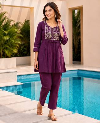 Purple color cotton fabric embroidered smart co-ord set 1