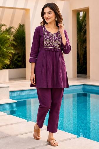 Purple color cotton fabric embroidered smart co-ord set