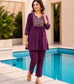 Purple color cotton fabric embroidered smart co-ord set