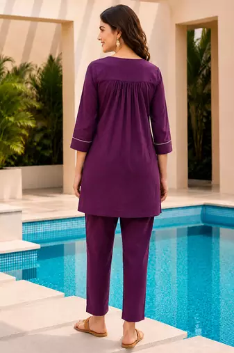 Purple color cotton fabric embroidered smart co-ord set