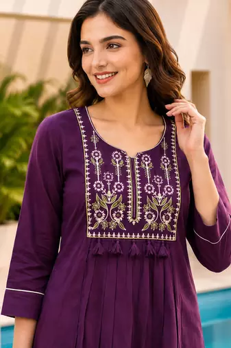 Purple color cotton fabric embroidered smart co-ord set