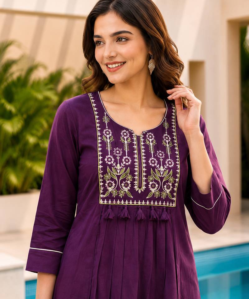 Purple color cotton fabric embroidered smart co-ord set