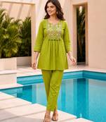 Parrot green color cotton fabric embroidered smart co-ord set