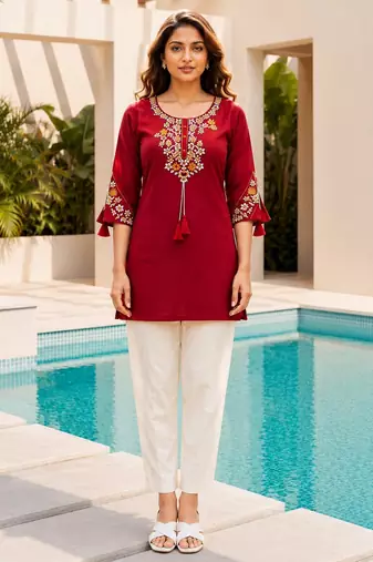 Maroon color embroidered kurta