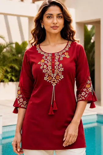 Maroon color embroidered kurta