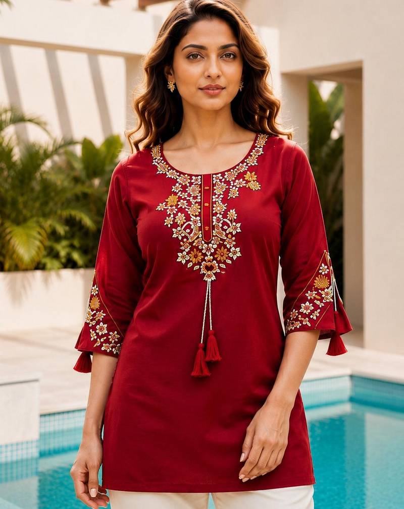 Maroon color embroidered kurta