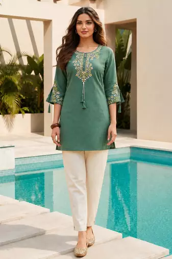 Green color embroidered kurta