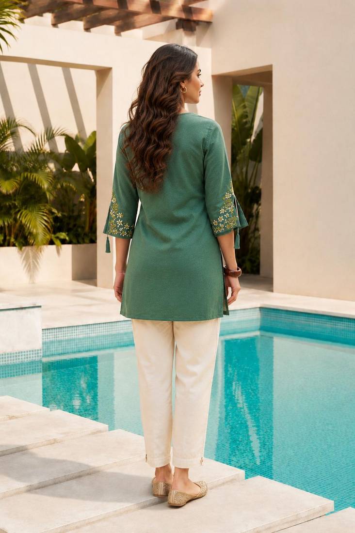 Green color embroidered kurta