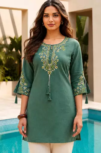 Green color embroidered kurta