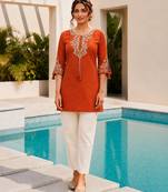 Orange color embroidered kurta
