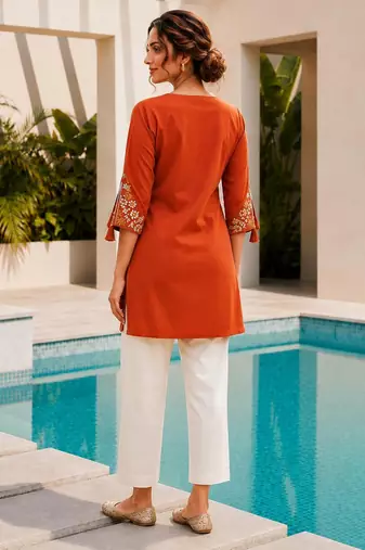 Orange color embroidered kurta