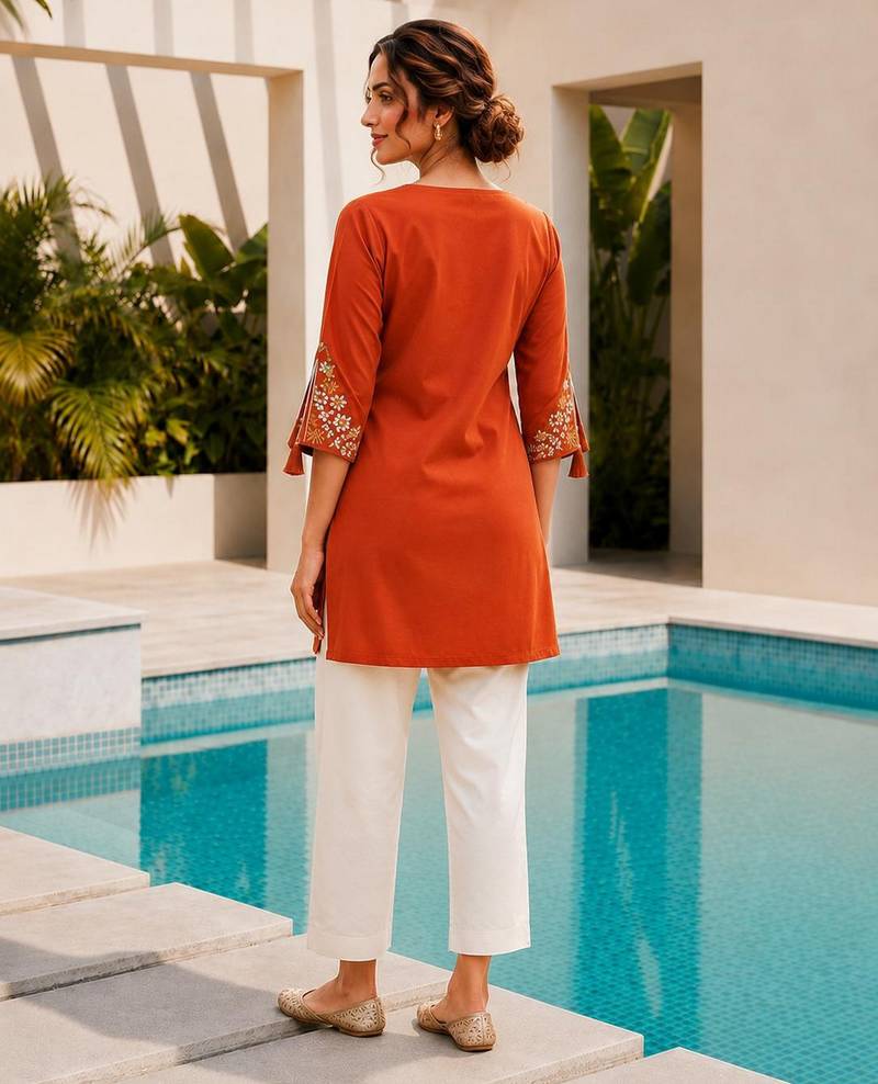 Orange color embroidered kurta