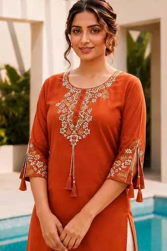 Orange color embroidered kurta