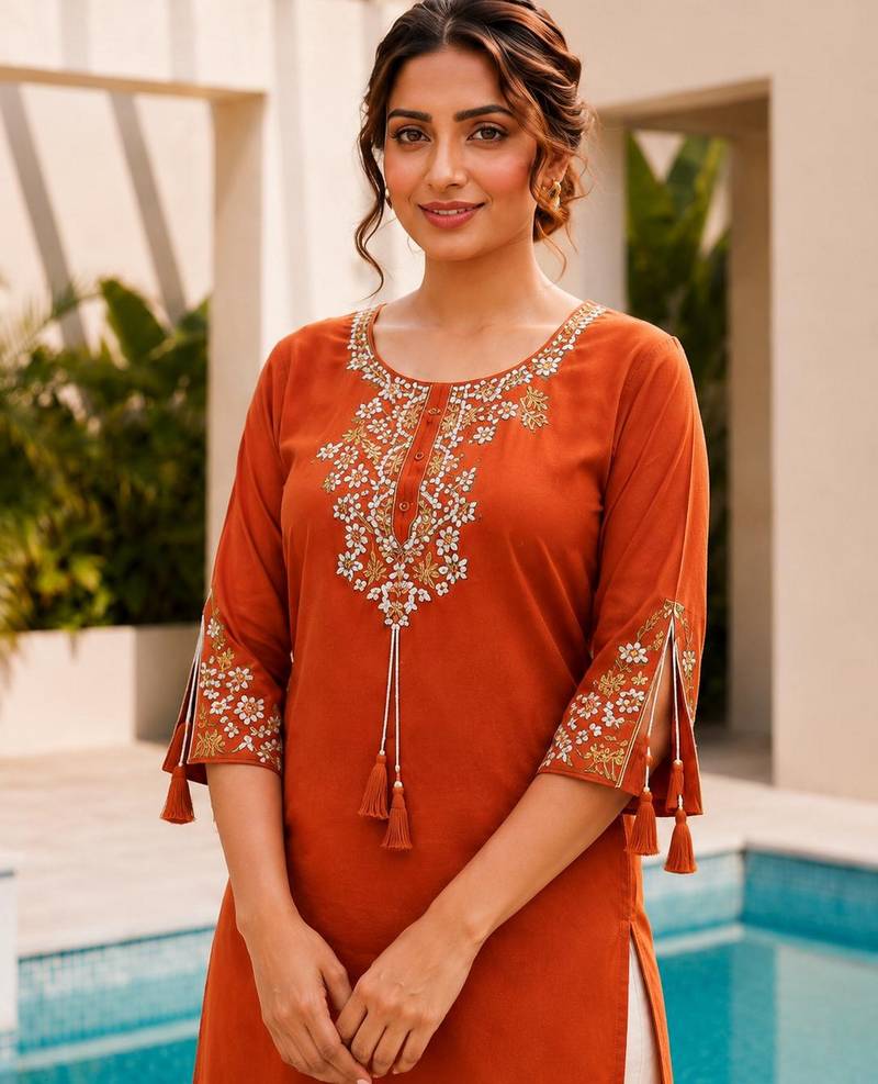 Orange color embroidered kurta