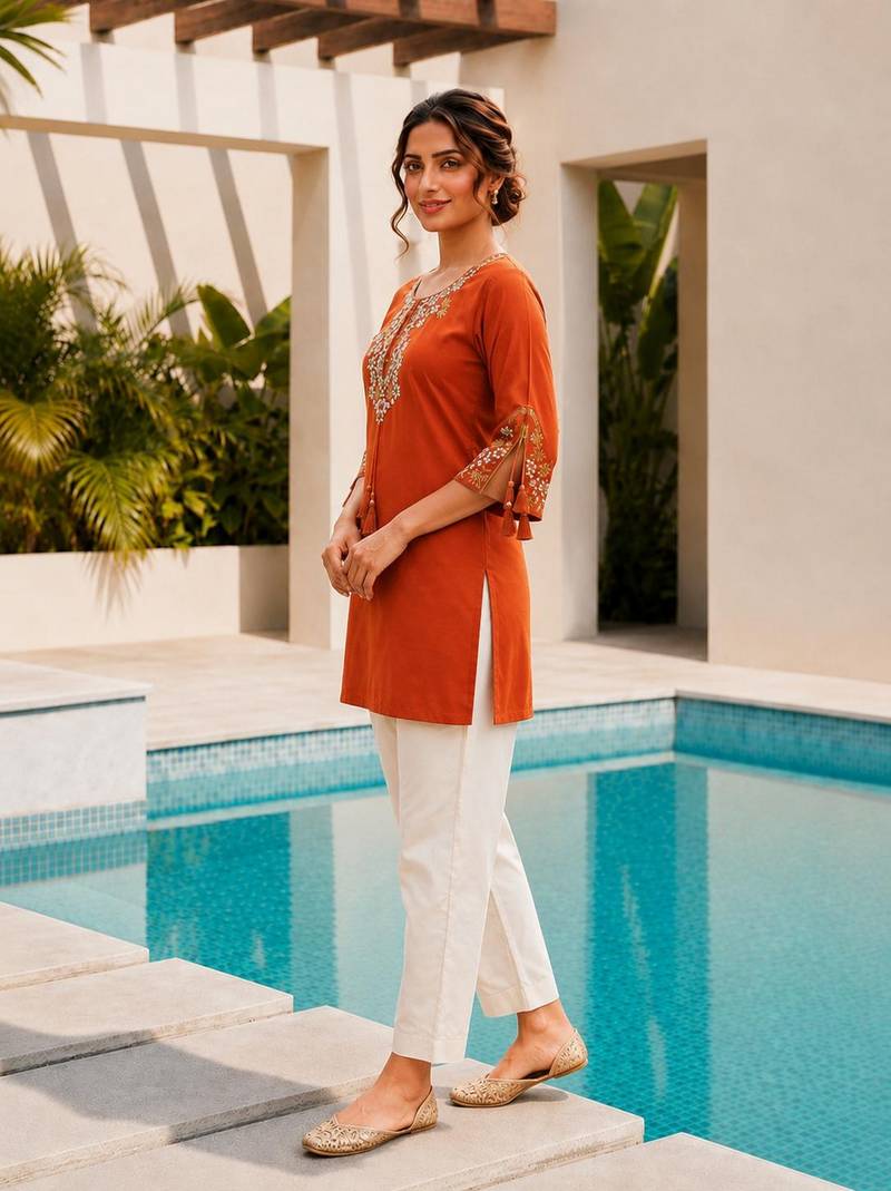 Orange color embroidered kurta