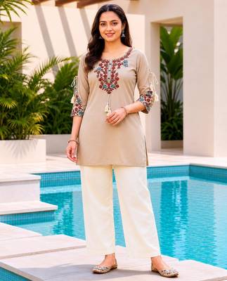 Beige color embroidered kurta 1