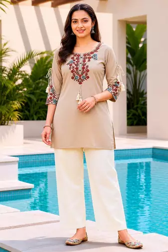 Beige color embroidered kurta