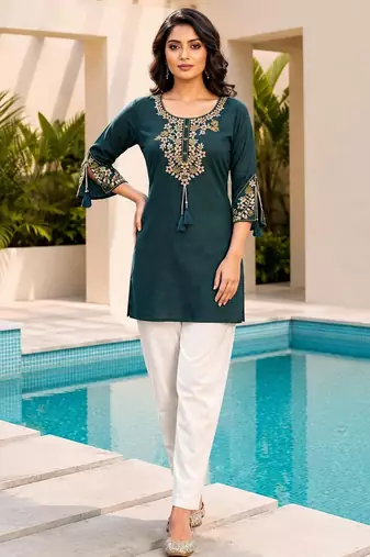 Teal blue color embroidered kurta