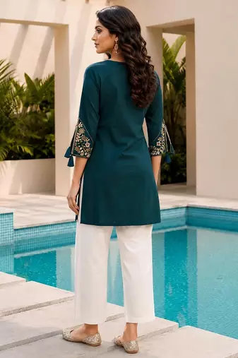 Teal blue color embroidered kurta