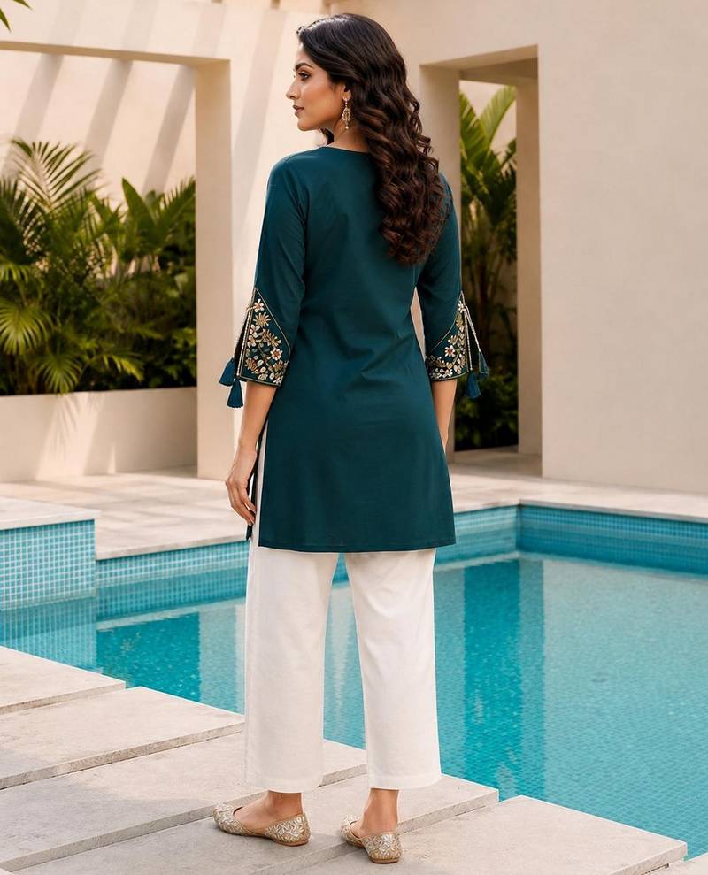 Teal blue color embroidered kurta