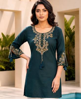Teal blue color embroidered kurta 3