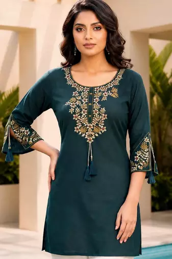 Teal blue color embroidered kurta
