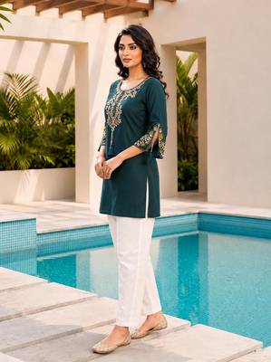 Teal blue color embroidered kurta 4