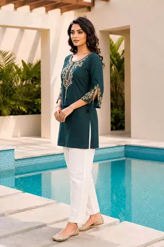 Teal blue color embroidered kurta