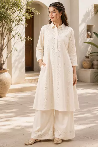 Off white color embroidery work kurta set for graceful ethnic looks
