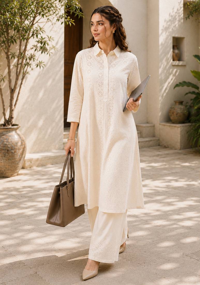 Off white color embroidery work kurta set for graceful ethnic looks