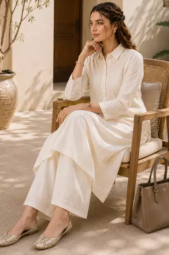 Off white color embroidery work kurta set for graceful ethnic looks