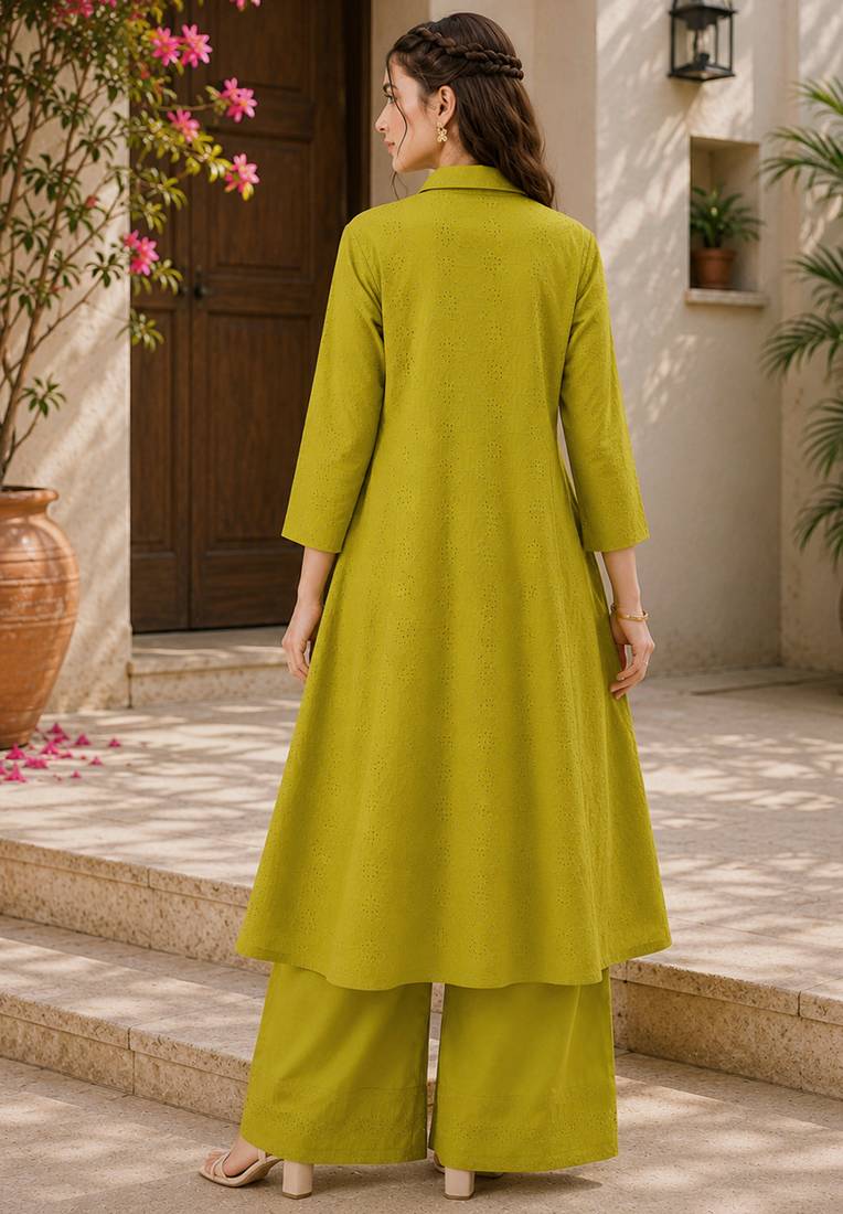 Green color embroidery work kurta set for graceful ethnic looks