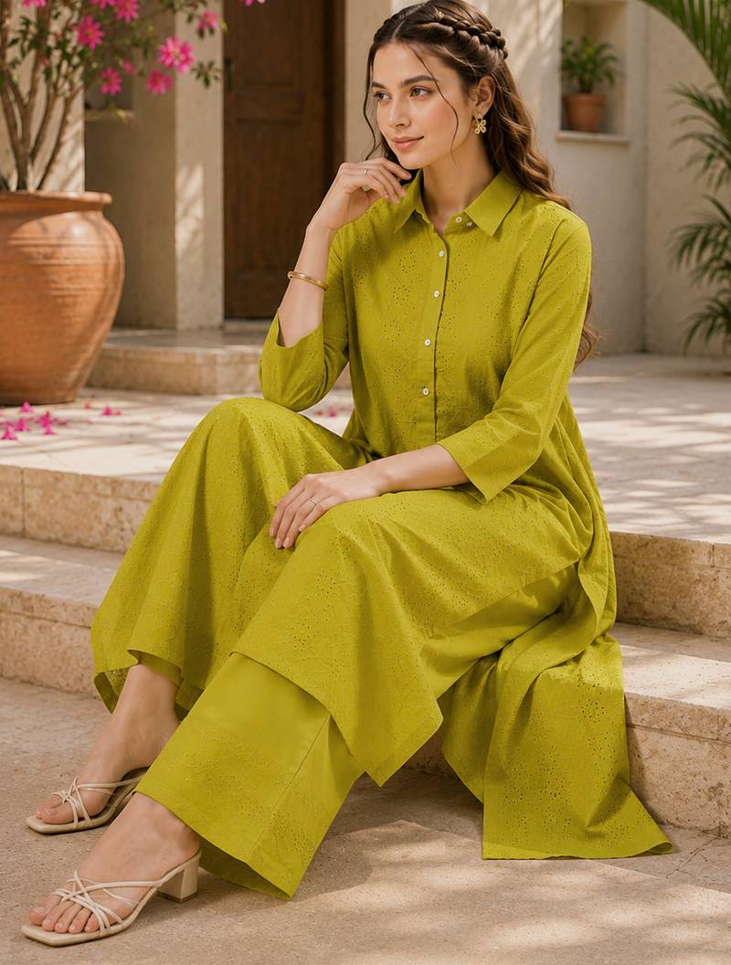 Green color embroidery work kurta set for graceful ethnic looks