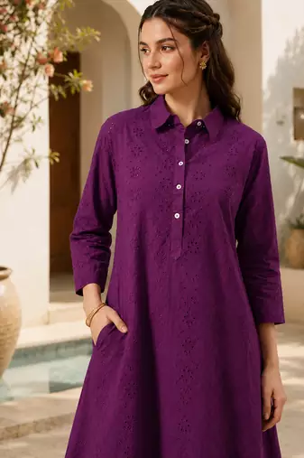 Voilet color embroidery work kurta set for graceful ethnic looks