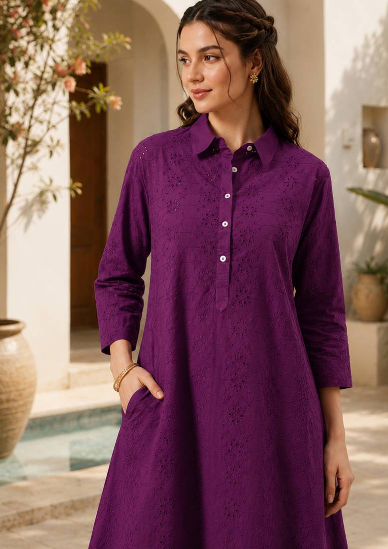 Voilet color embroidery work kurta set for graceful ethnic looks