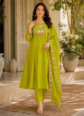 Green color roman silk fabric thread embroidery work stylish readymade suit 1