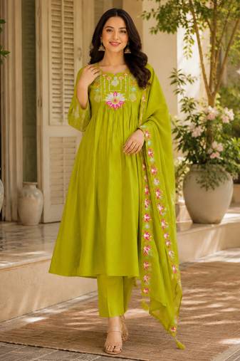 Green color roman silk fabric thread embroidery work stylish readymade suit
