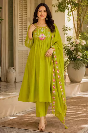 Green color roman silk fabric thread embroidery work stylish readymade suit