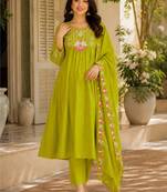 Green color roman silk fabric thread embroidery work stylish readymade suit